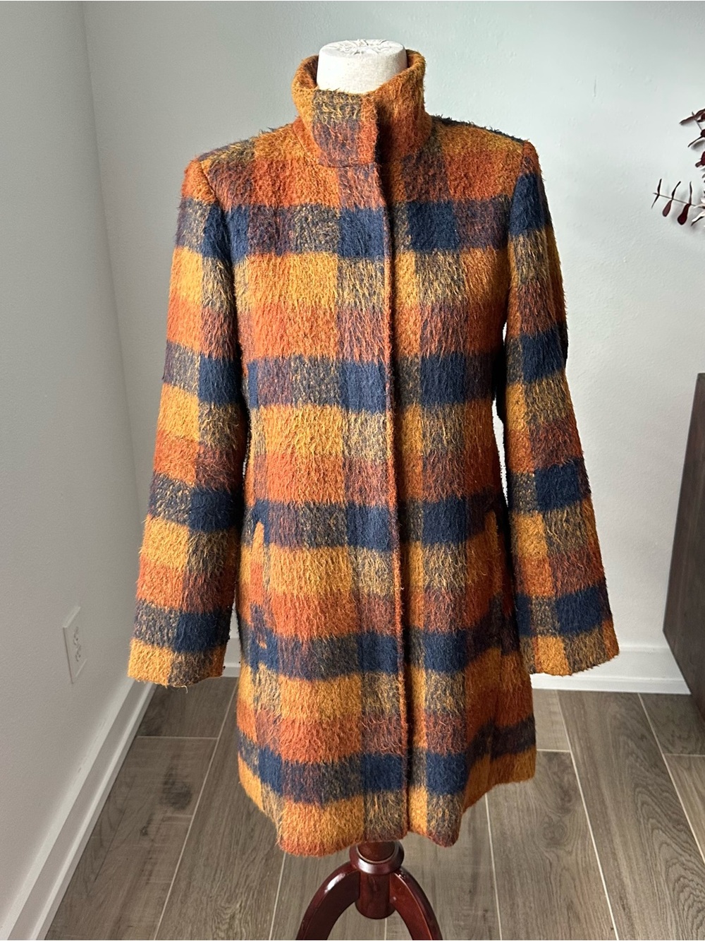 Old Navy Cozy Wool-Blend Plaid Long Coat in Rust & Navy Cabin core